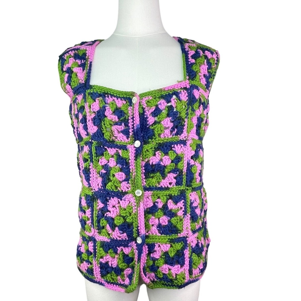 Handmade‎ Crochet Granny Square Sweater Vest Women's Size Small, Boho, cottage